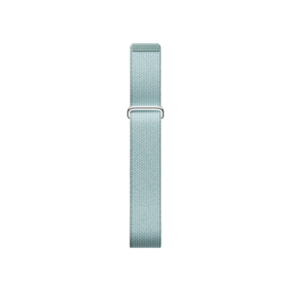 Fitbit Performance Loop band front view in Fog showing buckle and sleek fit for comfort