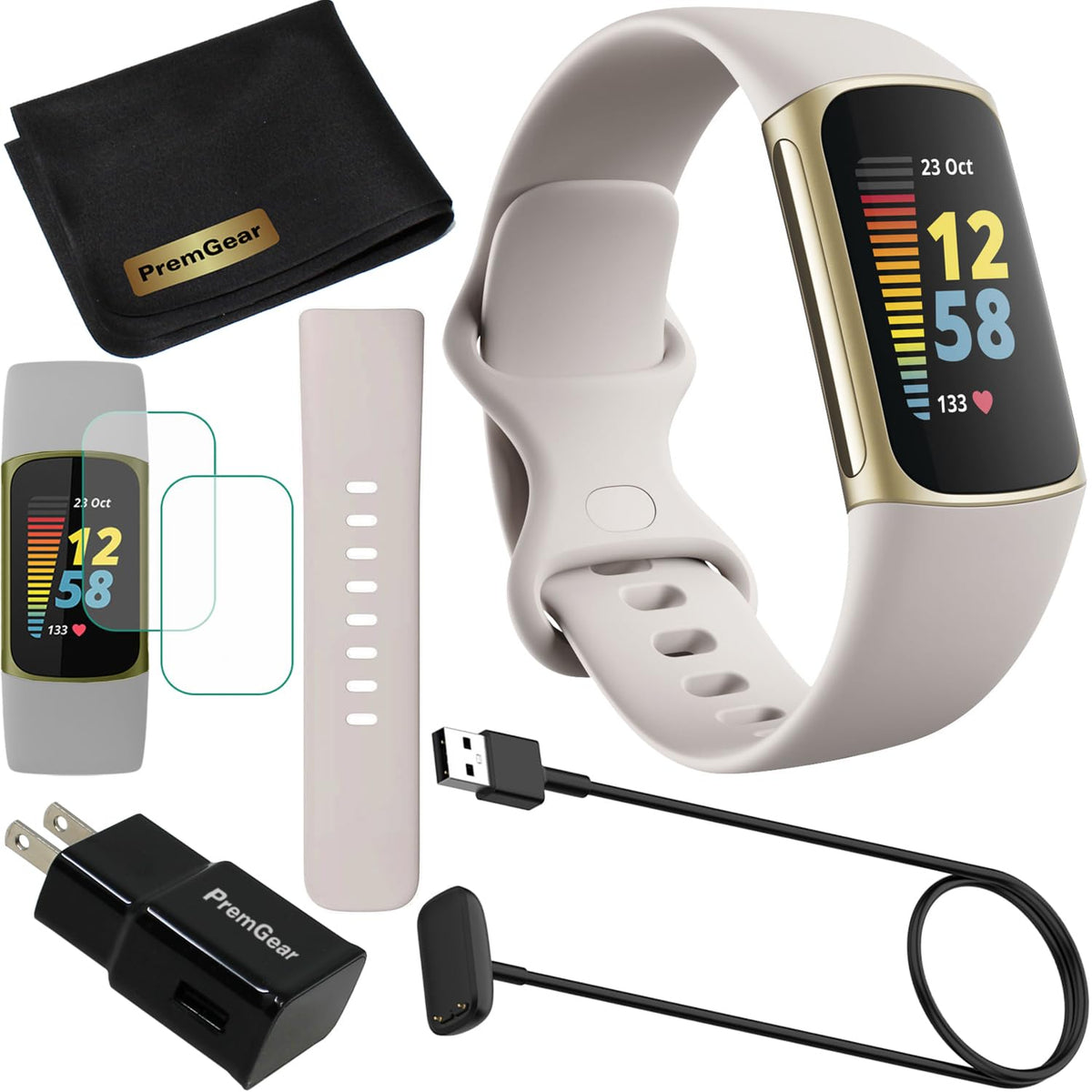 Fitbit Charge 5 Lunar White front view for daily fitness tracking