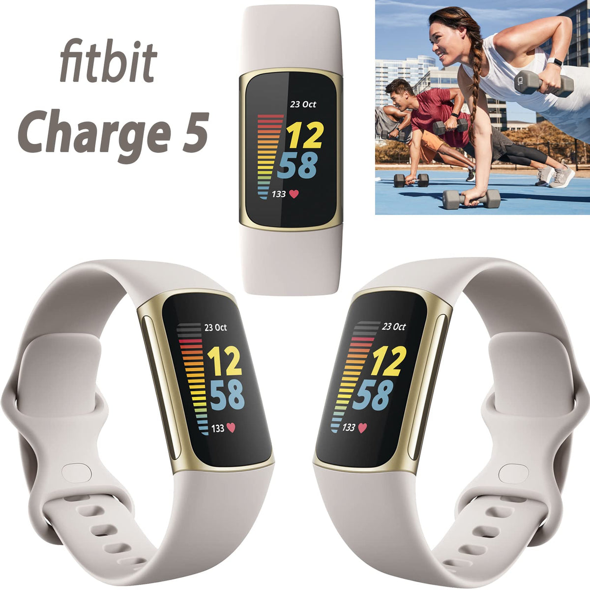 Fitbit Charge 5 Lunar White small band worn during workouts