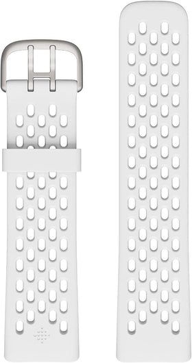 Fitbit frost white front view showing band shape and fit benefit comfort