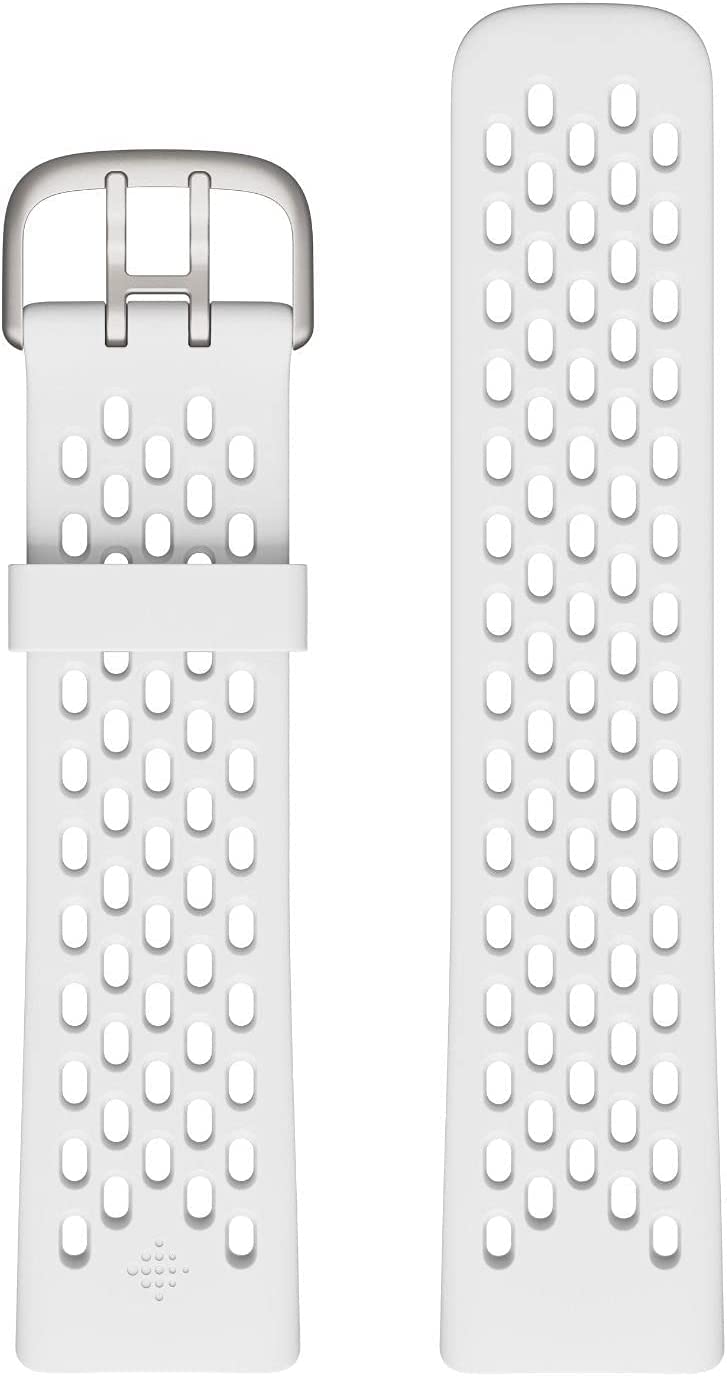 Fitbit frost white front view showing band shape and fit benefit comfort
