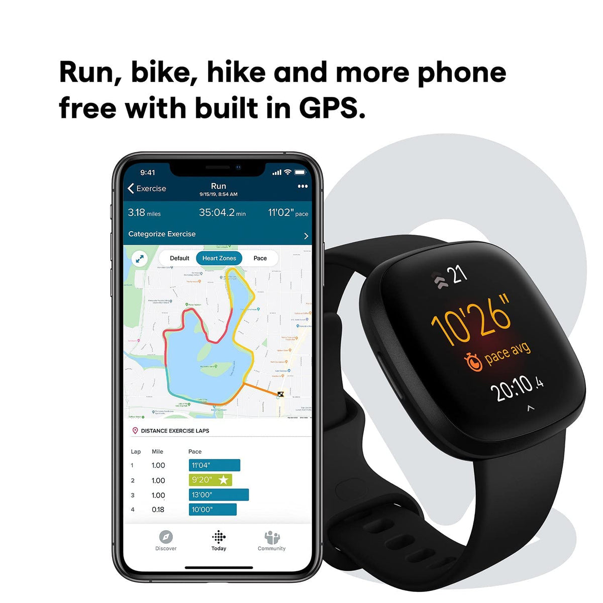 Fitbit Versa 3 Black renewed on-wrist view showing heart rate and GPS indicators