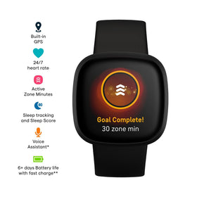 Fitbit Versa 3 Black renewed on-wrist view highlighting daily activity tracking