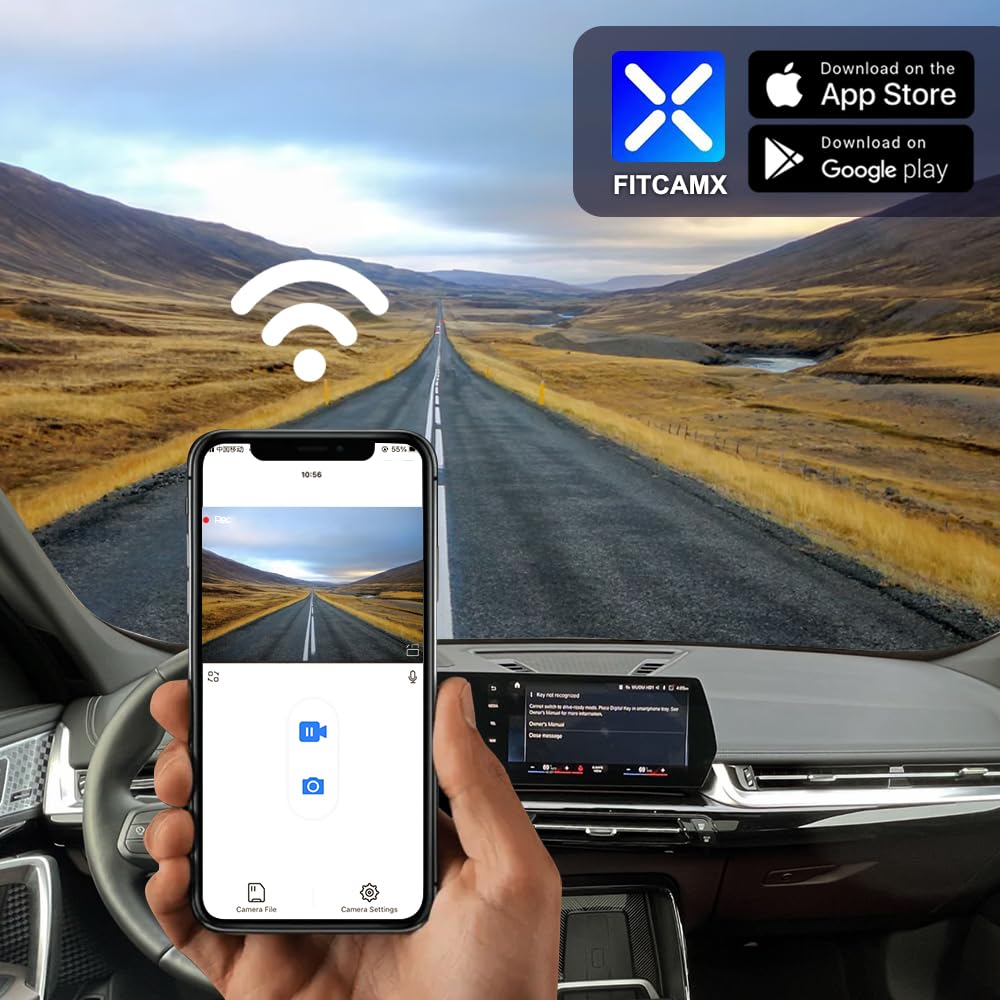 FITCAMX dash cam G-sensor detects impacts and saves clips.