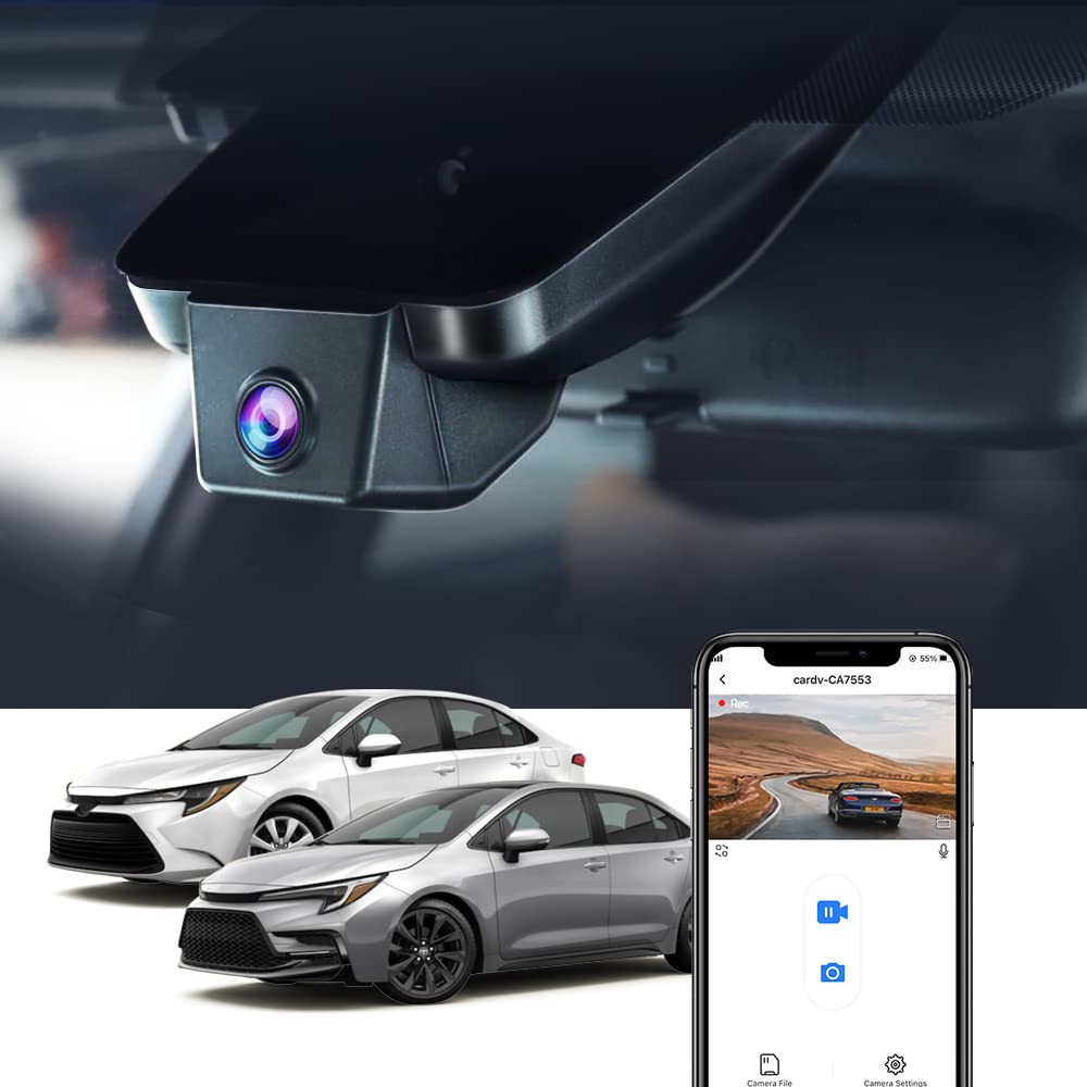 Fitcamx 4K dash cam in factory-look housing for Corolla, blends with interior and preserves windshield view.