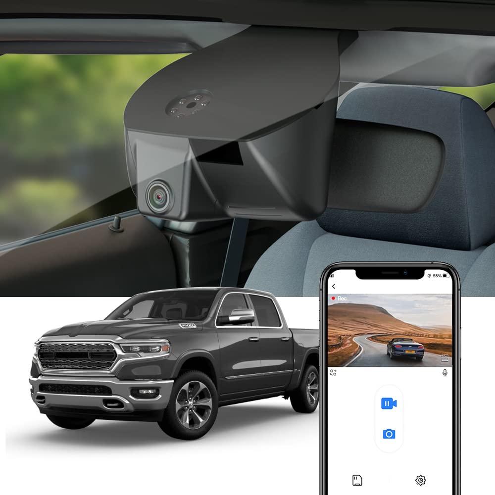 Fitcamx 4K dash cam front view showing seamless OEM style RAM 1500 integration