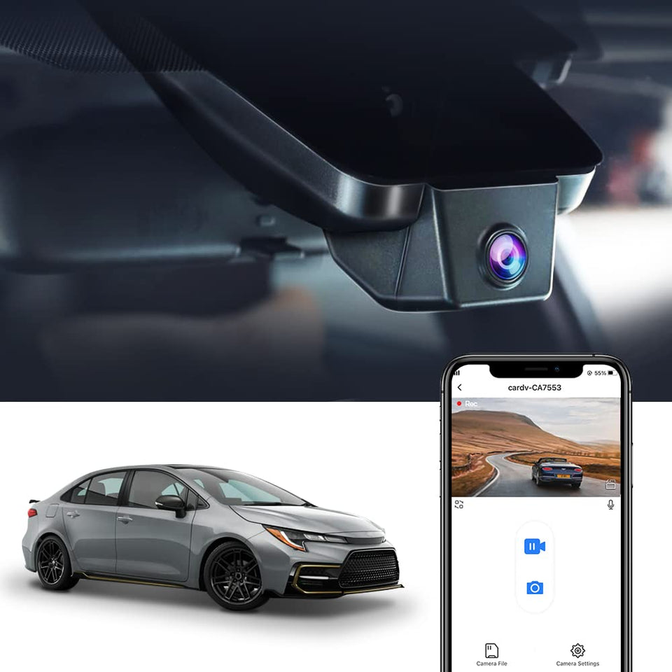 Fitcamx 4K dash cam for Toyota Corolla front view enhances driving footage clarity.