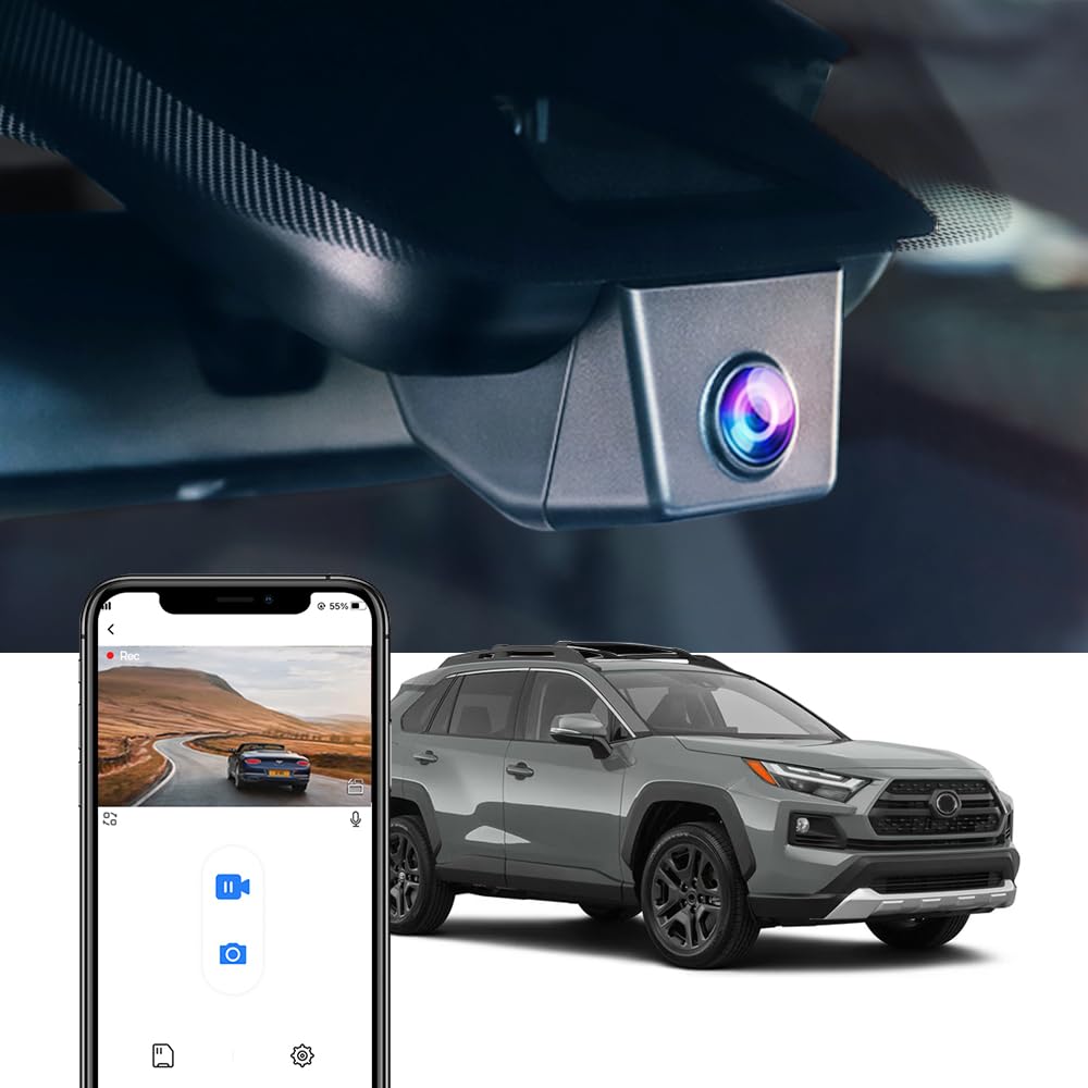 Fitcamx 4K dash cam on the RAV4 exterior blends with OEM styling for a clean cabin look.