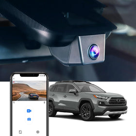 Fitcamx 4K dash cam on the RAV4 exterior blends with OEM styling for a clean cabin look.
