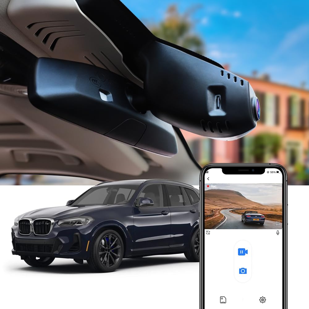 Fitcamx BMW X3 dashcam front view with discreet OEM-style installation.