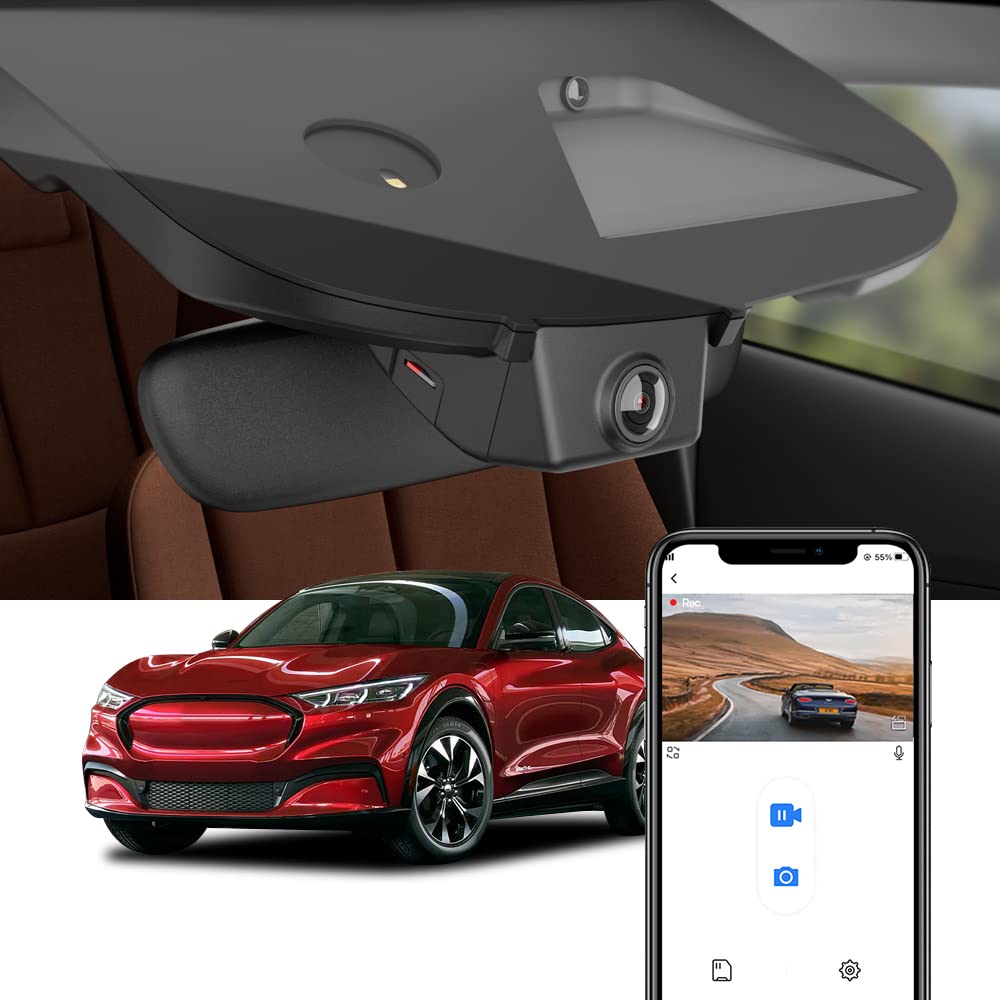 Fitcamx dash cam mounted behind the rear-view mirror for an OEM look.