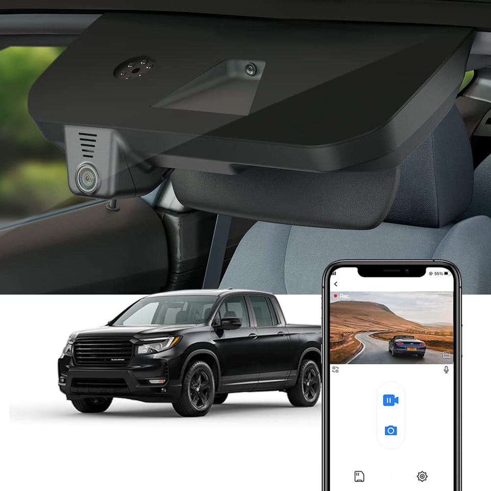FITCAMX Ridgeline dash cam OEM look blends with interior for discreet recording.