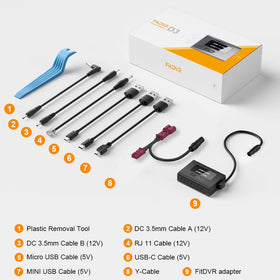 FitDVR cable set laid out including 3.5mm, RJ11, Micro USB, USB-C and Mini USB for compatibility