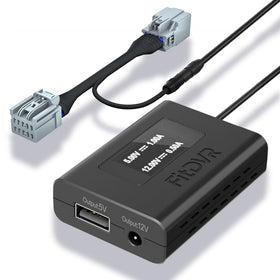 FitDVR adapter front view showing connectors and compact housing, ensures tidy dashcam install