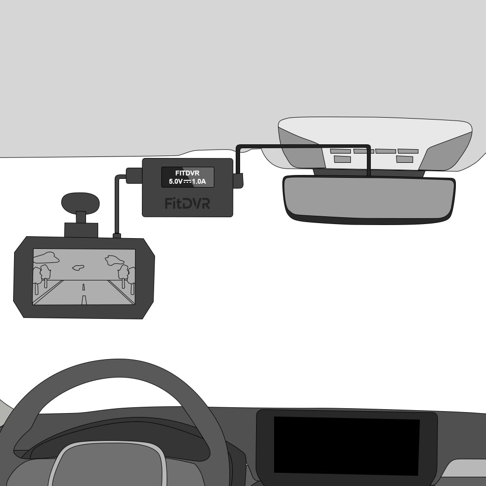 FitDVR beside smartphone for scale showing compact adapter size and tidy dashboard fit