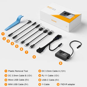 FitDVR USB and DC plugs detail showing multiple output options for devices