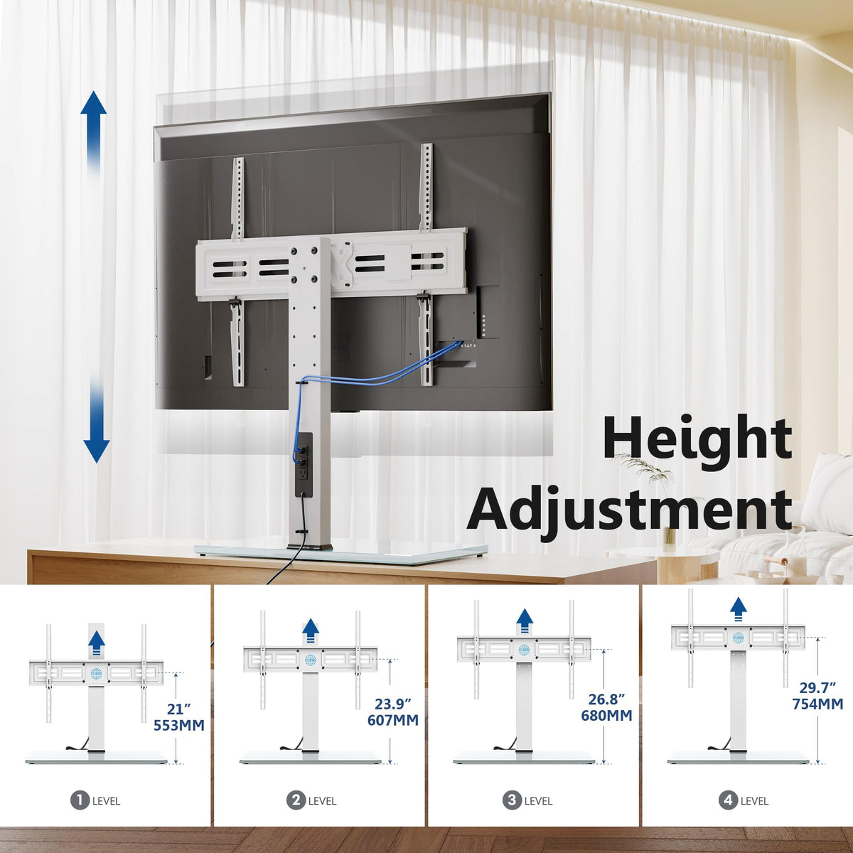 FITUEYES 27.5 inch tempered glass base provides stable support and stylish look.