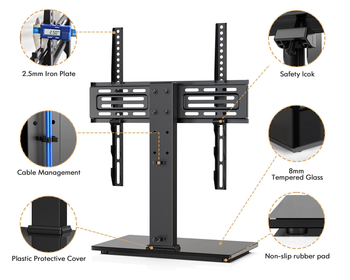 Integrated cable management channel helps tidy wires along the stand.