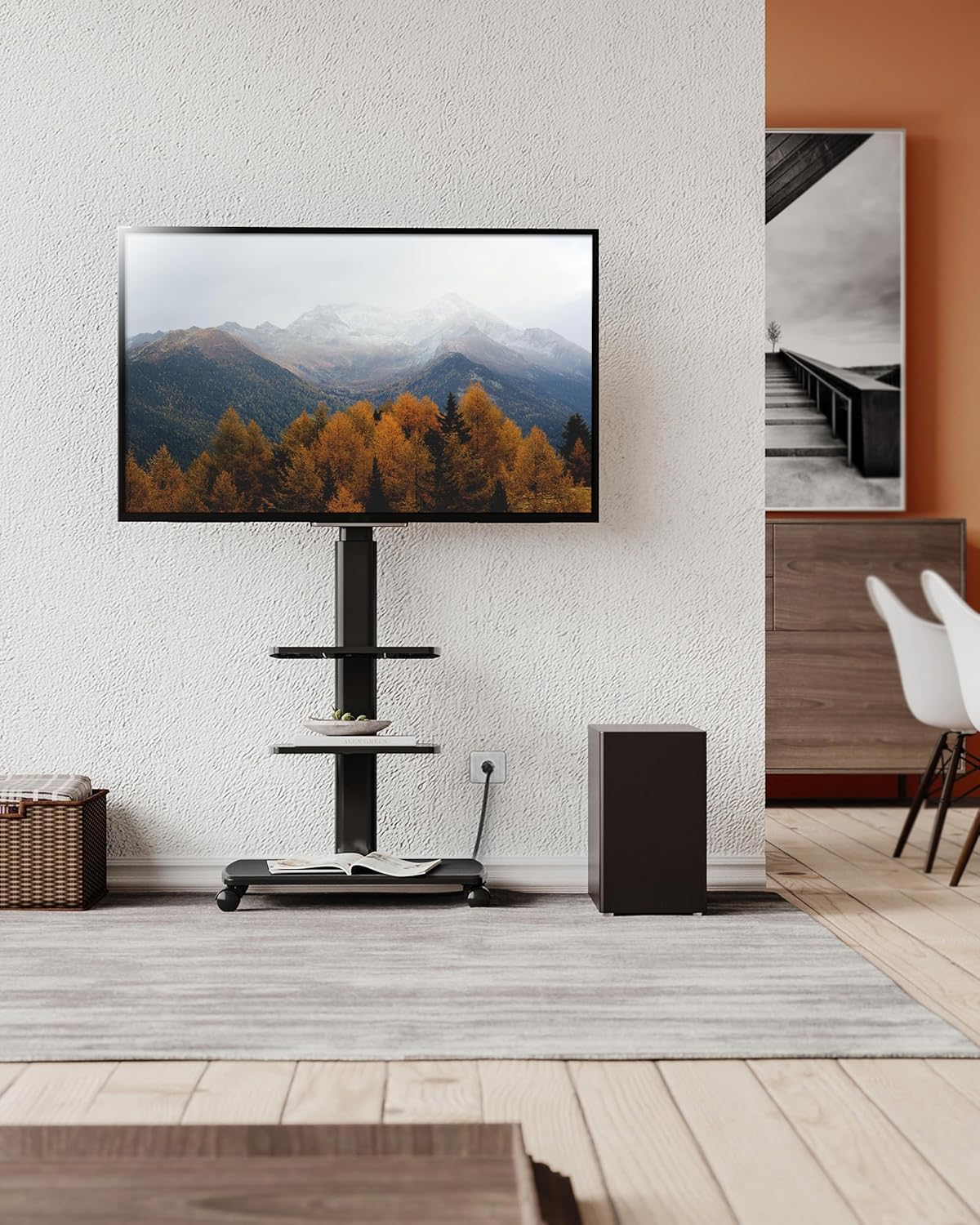 Compact mobile TV stand by FITUEYES frees floor space effectively.