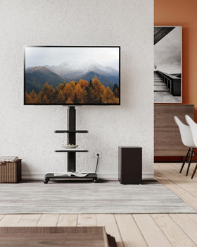 Compact mobile TV stand by FITUEYES frees floor space effectively.