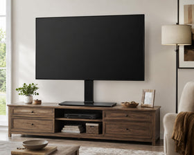 FITUEYES compact entertainment-center setup saves space while keeping the screen at eye level.
