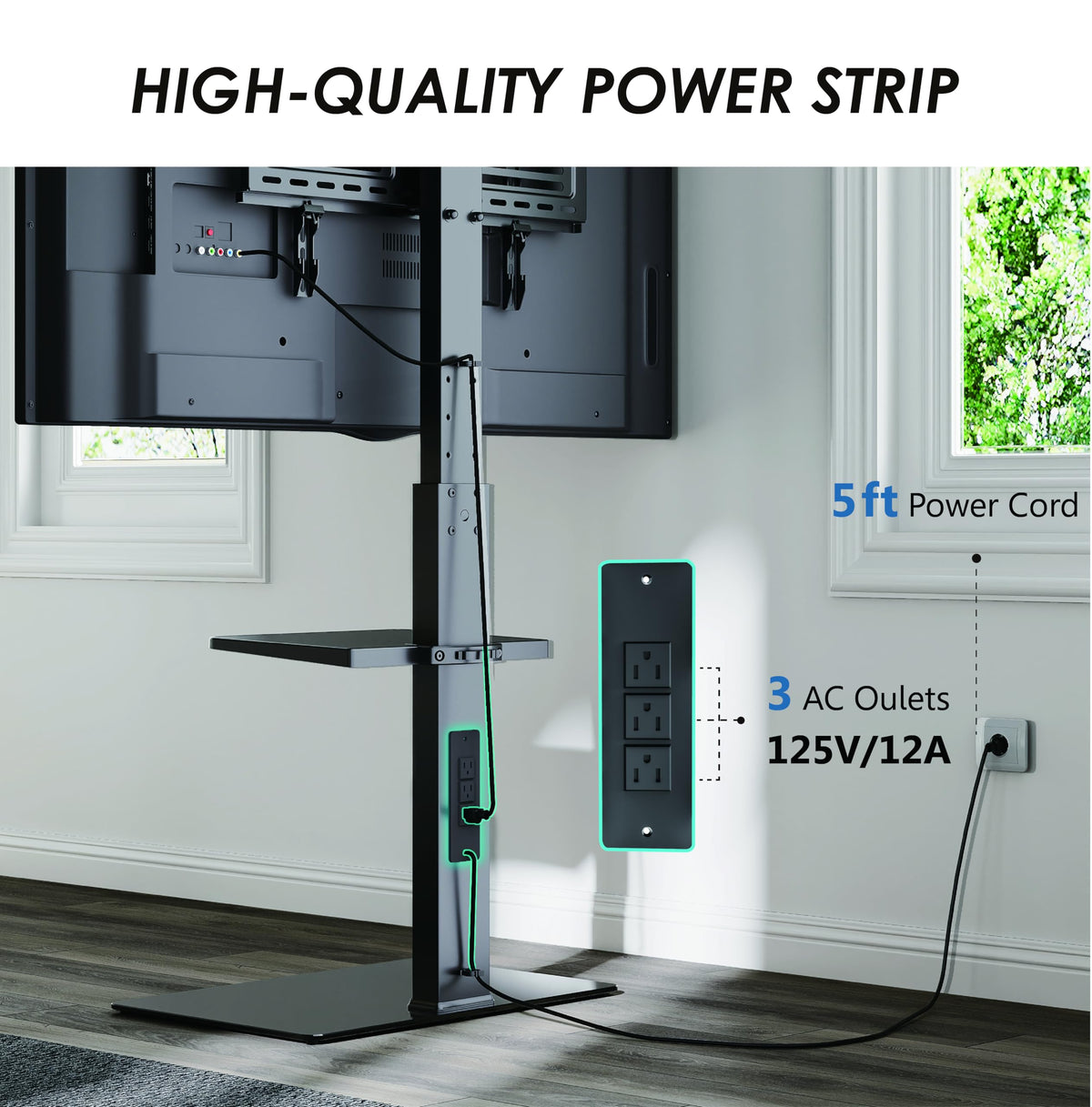 FITUEYES floor TV stand cable management keeps cords neatly organized