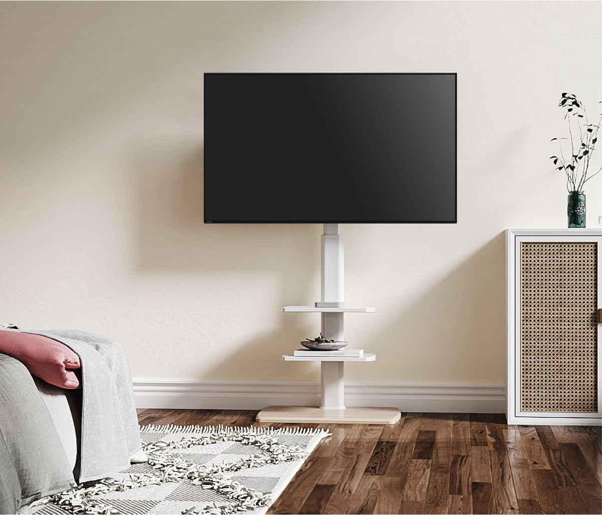 FITUEYES floor TV stand compatibility fits most 32–70 inch TVs securely.