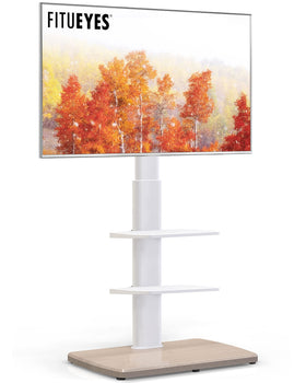 FITUEYES floor TV stand corner setup saves space while supporting a large screen.