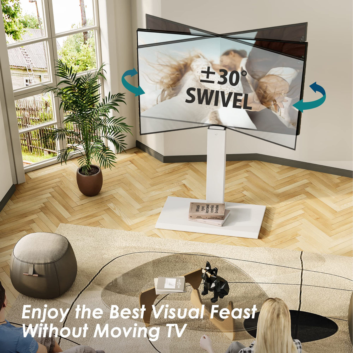 FITUEYES stand demonstrates height-adjustable mount for ideal viewing from couch or desk.