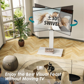 FITUEYES stand demonstrates height-adjustable mount for ideal viewing from couch or desk.