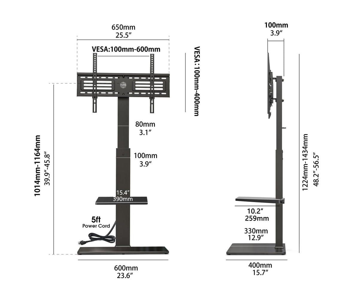 FITUEYES floor TV stand setup in a living room for a modern center