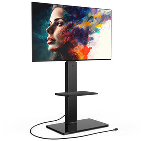 FITUEYES floor TV stand with power outlet and cable management for a clean setup