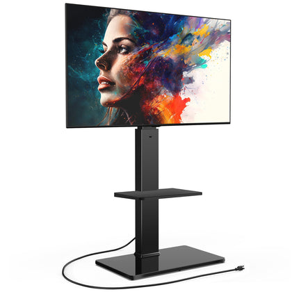 FITUEYES floor TV stand with power outlet and cable management for a clean setup