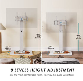 FITUEYES iron base floor TV stand features 60° swivel for versatile angles.