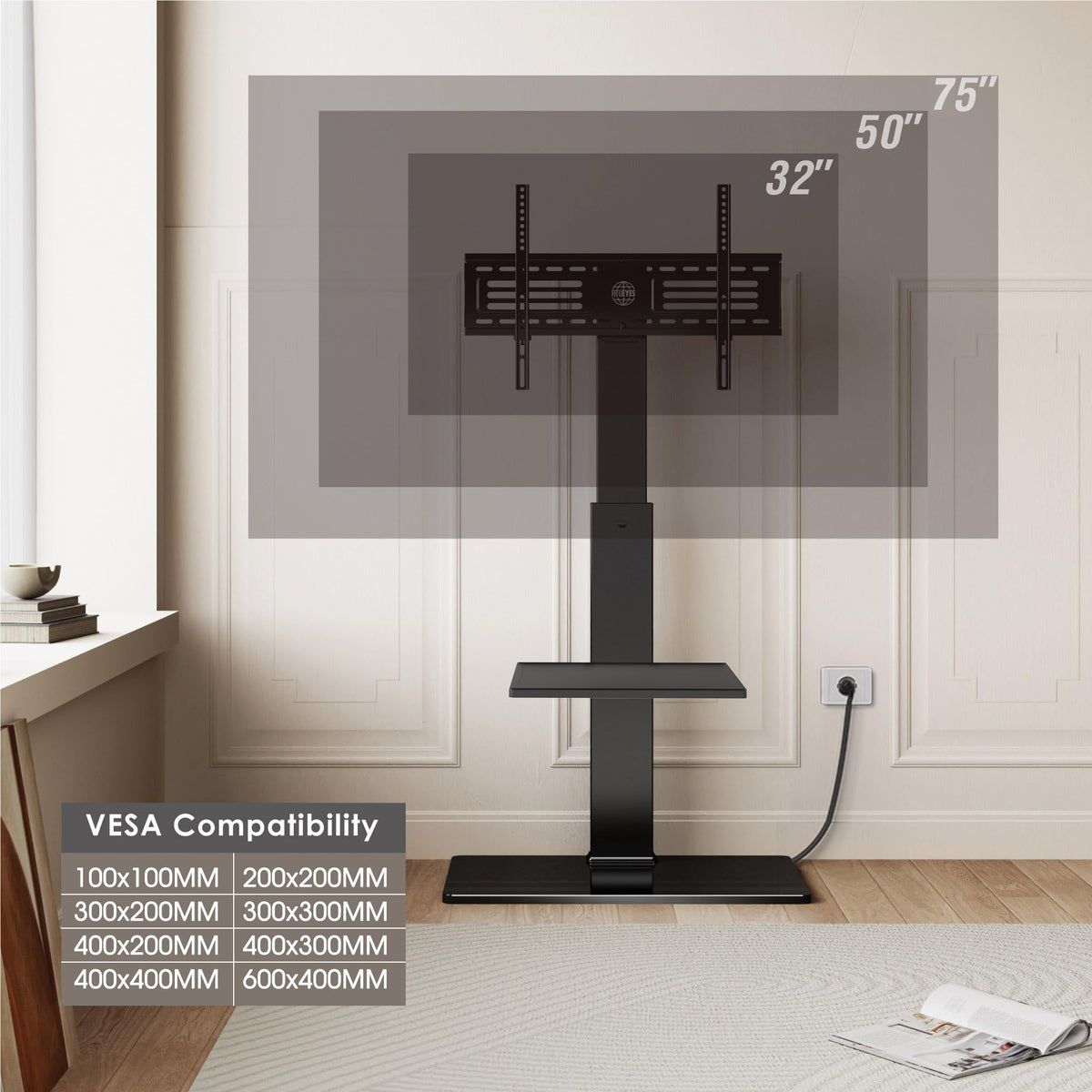 FITUEYES floor TV stand shelf adjustable for placing media players