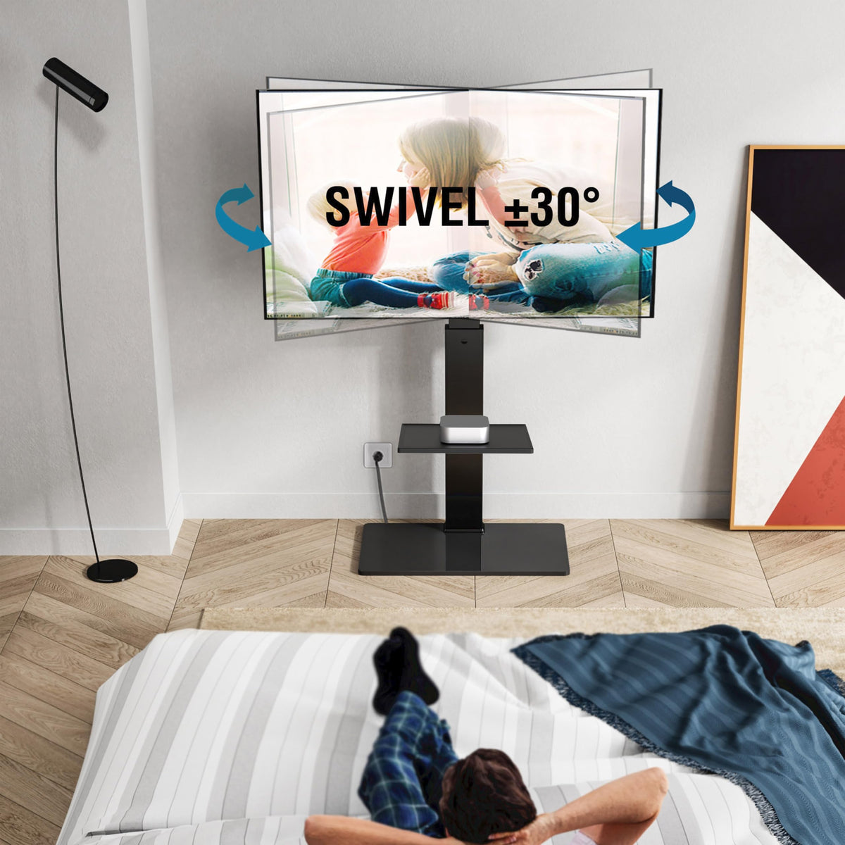 FITUEYES floor TV stand showing height-adjustable column for optimal viewing
