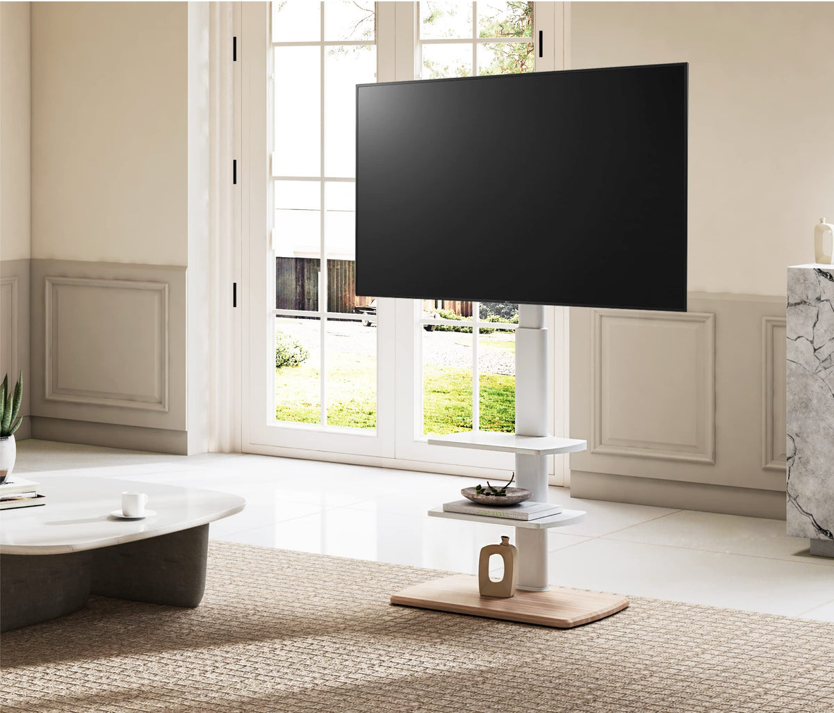FITUEYES floor TV stand tilt and swivel helps find the perfect viewing angle.