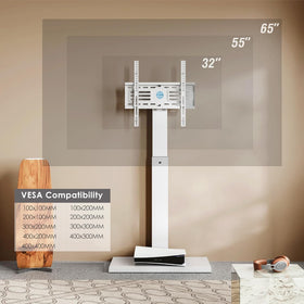 FITUEYES floor stand shows universal compatibility with 32–65 inch TVs for flexible setup.
