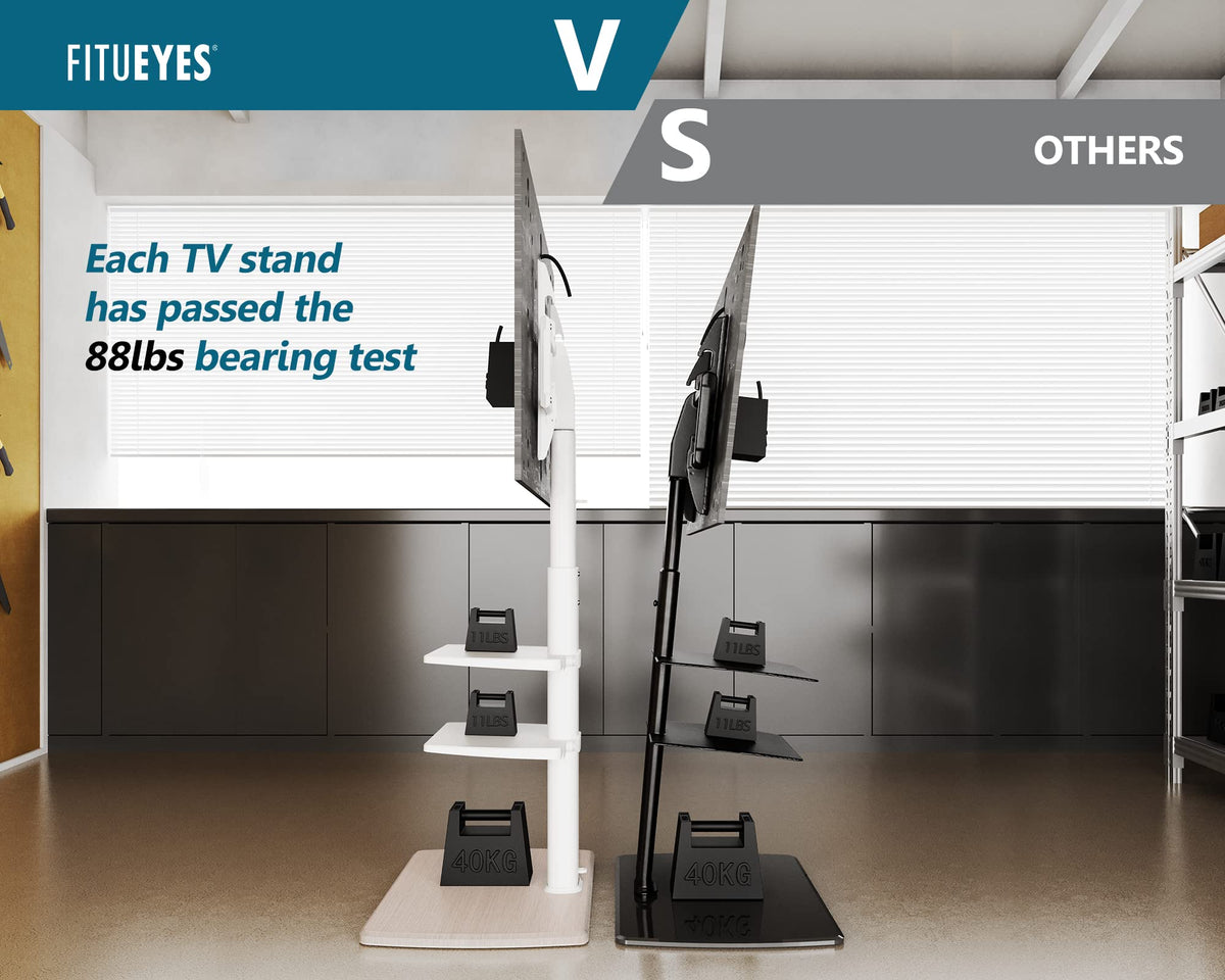 FITUEYES floor TV stand white finish blends with contemporary interiors.
