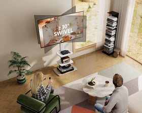 FITUEYES floor TV stand wood base provides stable support in busy rooms.