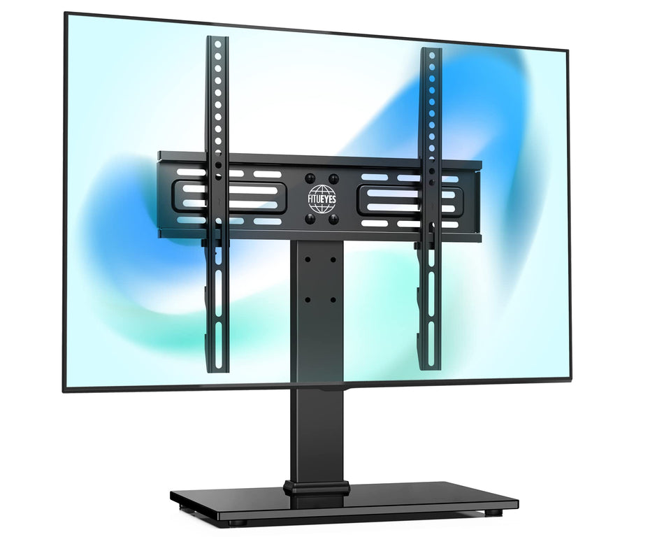 FITUEYES front view with TV on glass base shows stable modern setup