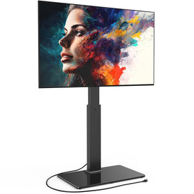FITUEYES front view of stand with mounted TV showing sleek profile and stable support