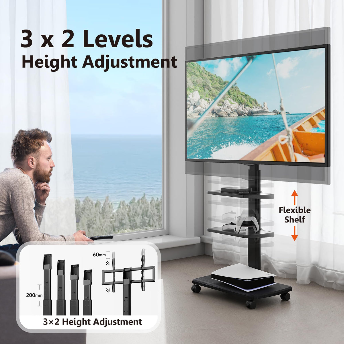 Height-adjustable FITUEYES stand adapting to multiple viewing heights.