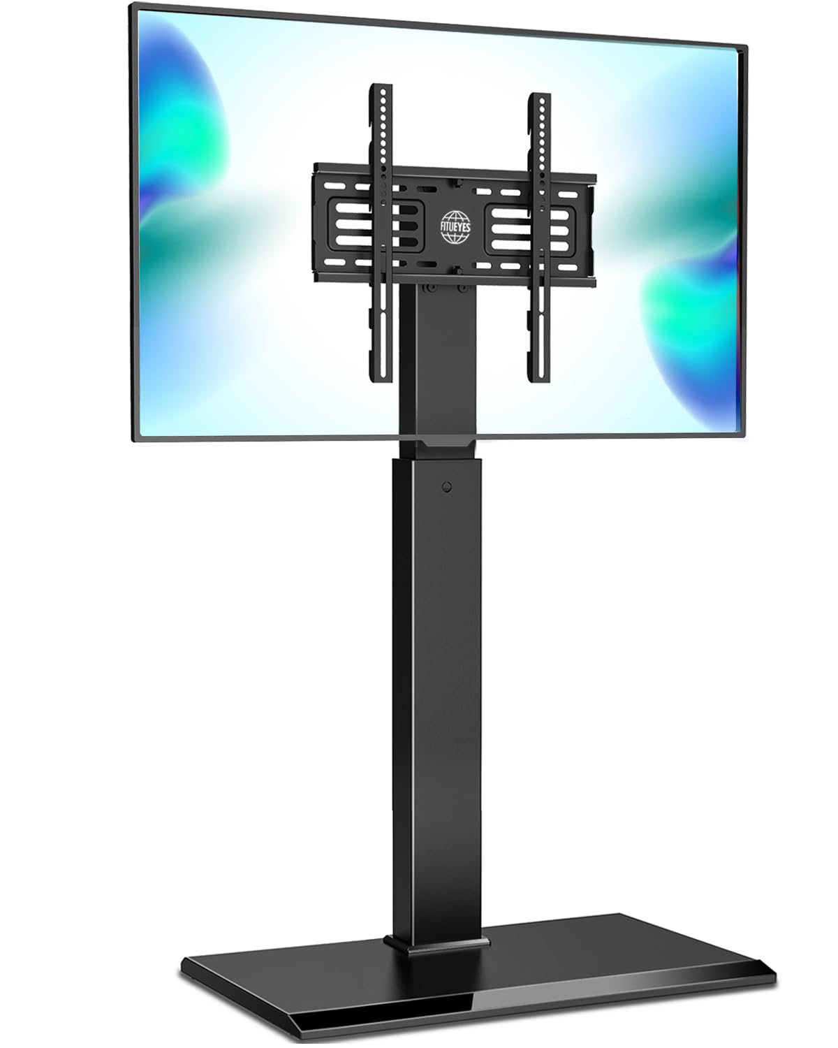 FITUEYES iron-base floor TV stand with swivel for 32-65 inch TVs enables flexible viewing.