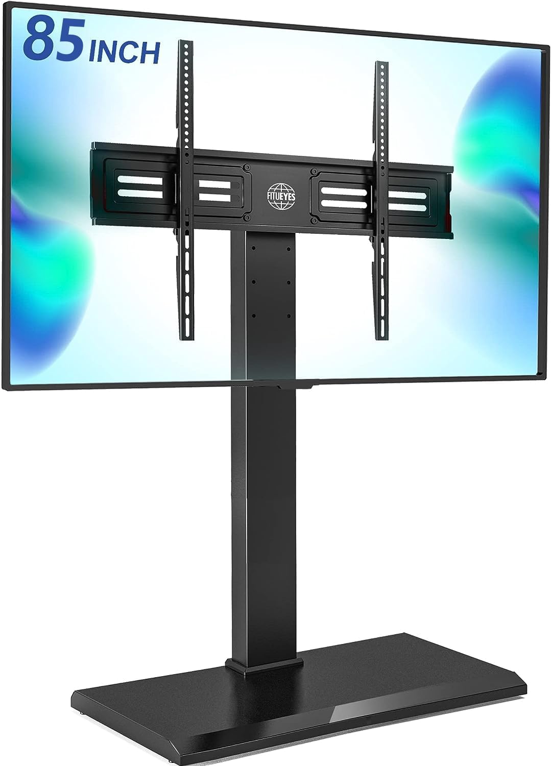 FITUEYES iron-base floor TV stand with swivel for 50-85 inch TVs, space-saving.