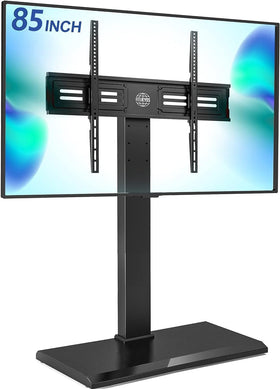 FITUEYES iron-base floor TV stand with swivel for 50-85 inch TVs, space-saving.