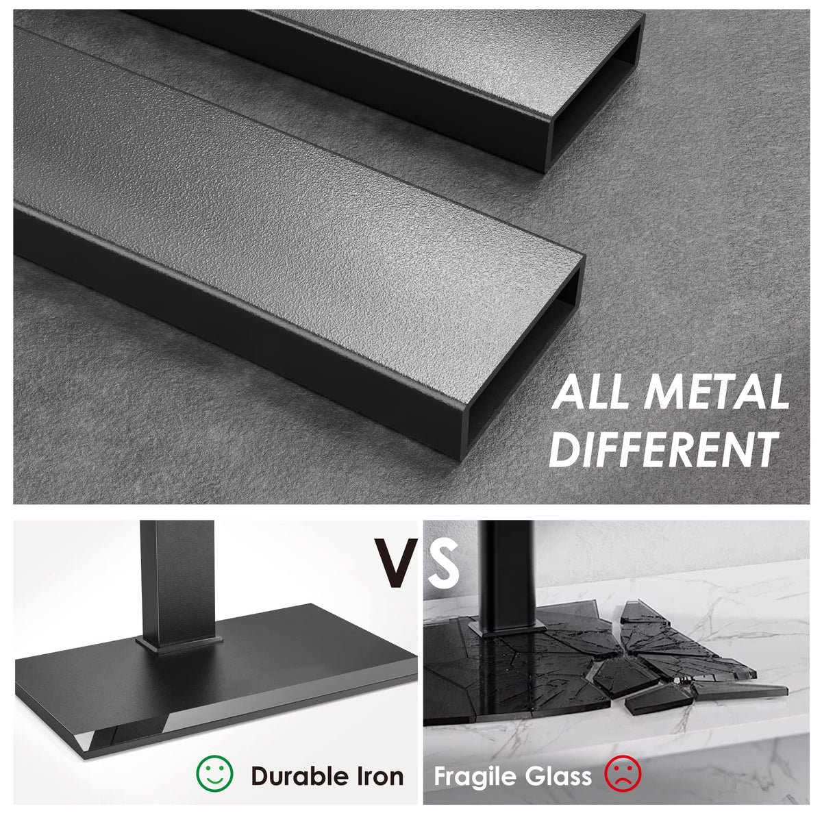 FITUEYES metal base TV stand provides sturdy support with a sleek aesthetic.