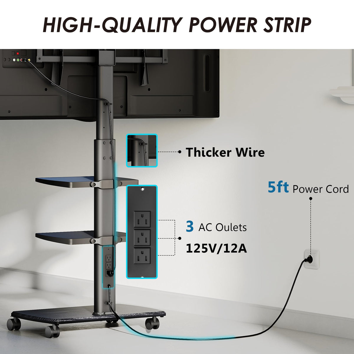 FITUEYES mobile TV cart with storage shelves for organized devices.