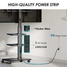 FITUEYES mobile TV cart with storage shelves for organized devices.