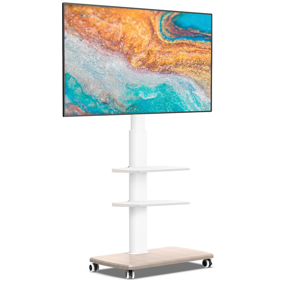 FITUEYES rolling TV stand base view showing sturdy MDF base for stability